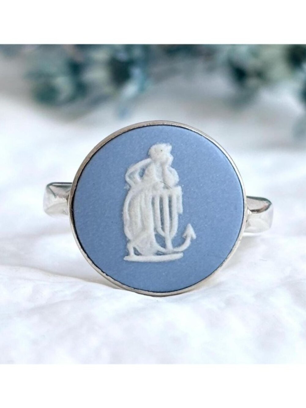 Wedgwood Jasperware Blue Medea Cameo Sterling Silver 925 Vintage Ring - sz 6